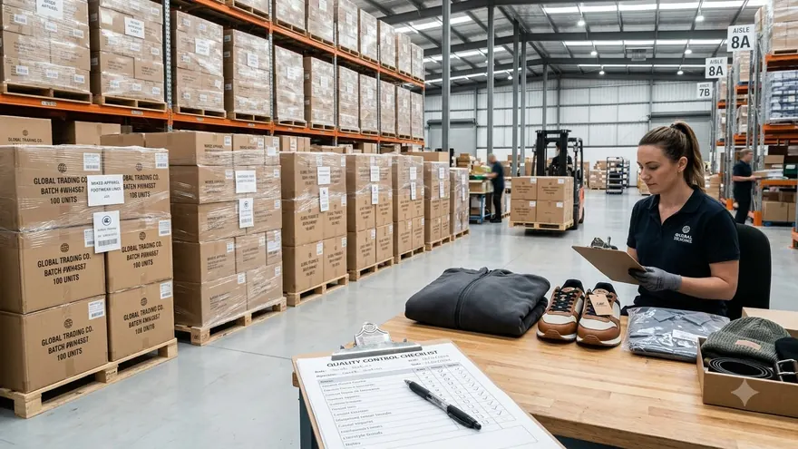 Avishake Enterprises warehouse floor: cartons on racking with an operator checking a consignment against paperwork
