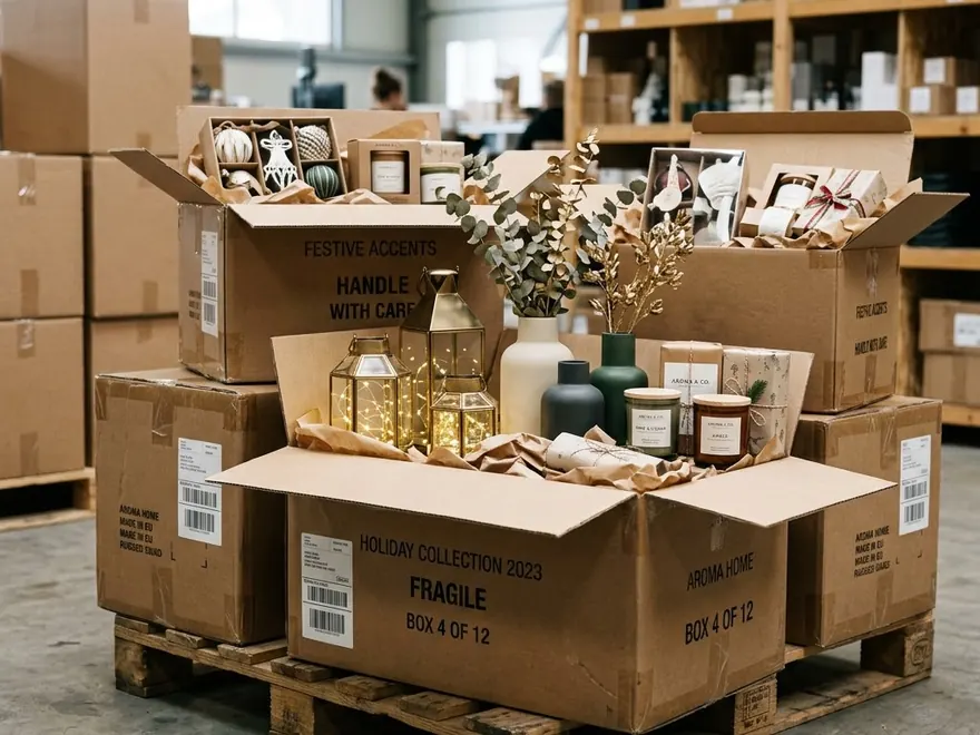 Home décor and festive pieces packed into open cartons on a warehouse pallet