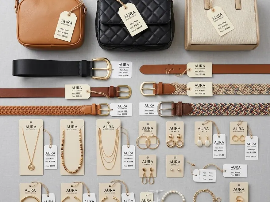 Handbags, belts and imitation jewellery laid out flat with hang tags fitted