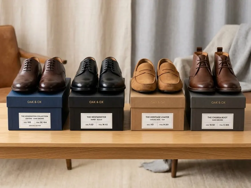 Leather formal and casual shoes displayed on their labelled boxes