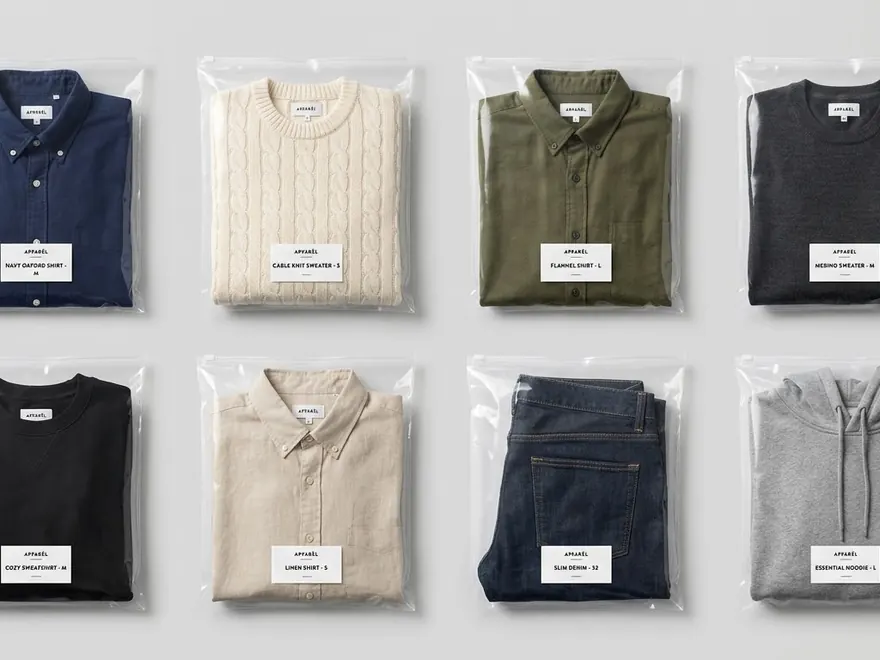 Folded shirts and polos individually poly-bagged with size labels, laid out for dispatch