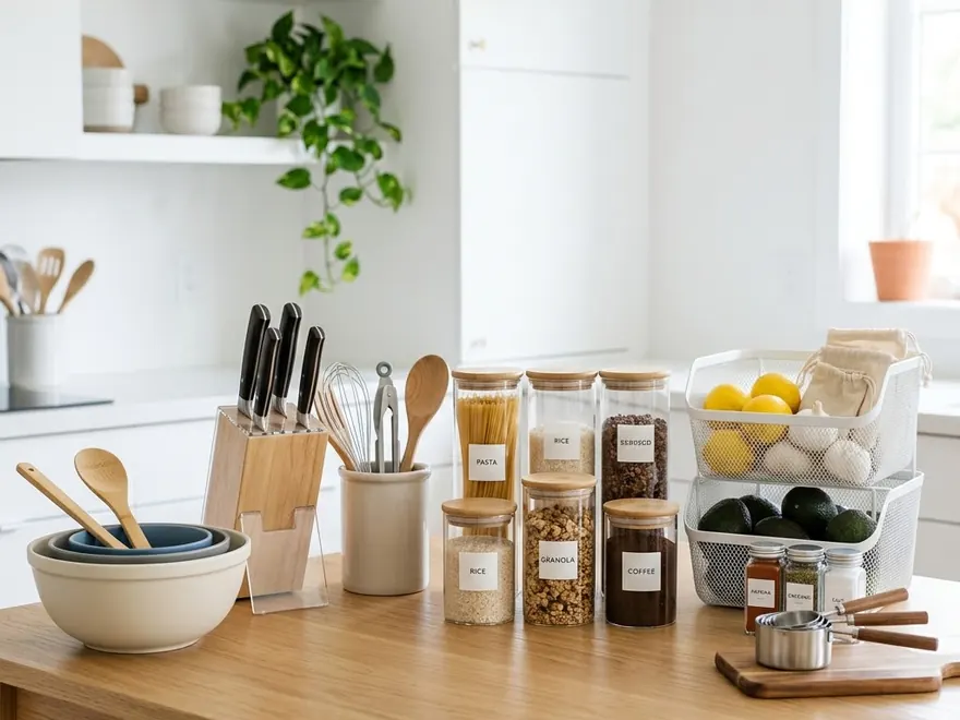 Kitchenware, storage jars and utility items arranged on a counter