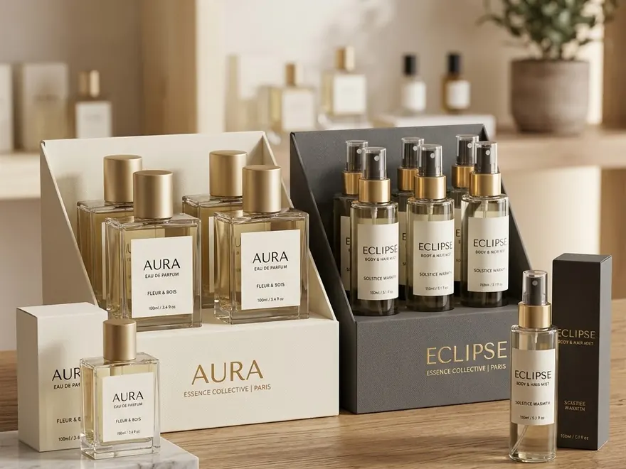 Perfume bottles arranged on tiered retail display stands beside their cartons