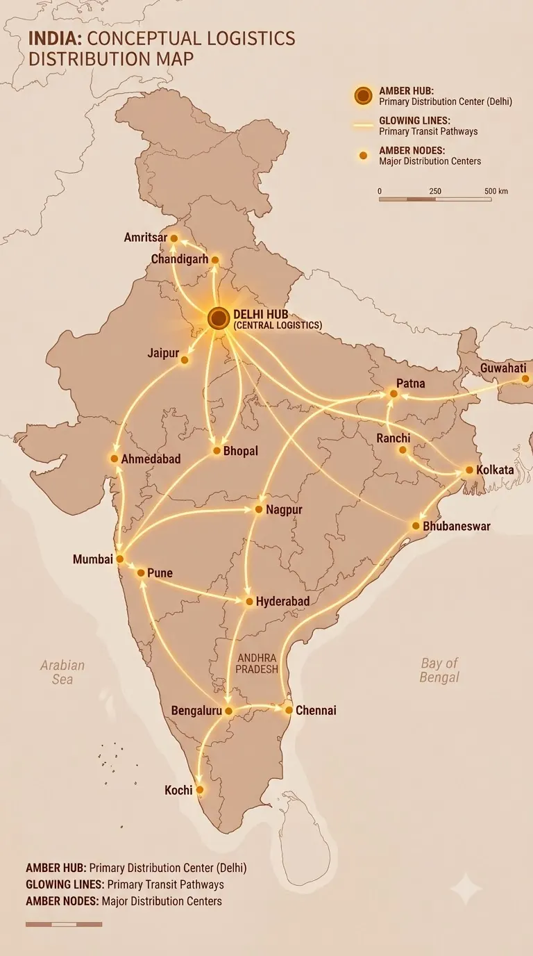 Conceptual logistics distribution map of India: Delhi marked as the primary distribution centre, with transit pathways radiating to distribution centres at Amritsar, Chandigarh, Jaipur, Ahmedabad, Bhopal, Nagpur, Mumbai, Pune, Hyderabad, Bengaluru, Chennai, Kochi, Patna, Ranchi, Kolkata, Bhubaneswar and Guwahati