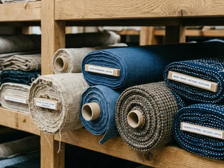 Rolled fabric bolts stacked on wooden warehouse shelving